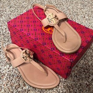 Tory Burch Tan Sandals with Gold Logo